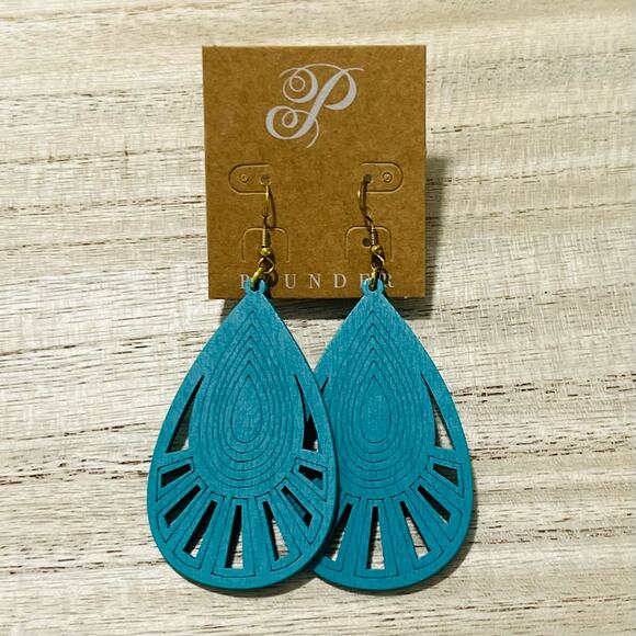 New Plunder “Joquelle” Blue Wooden Teardrop Earrings - Picture 1 of 3